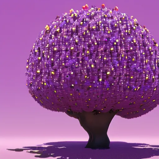 Image similar to a purple tree with a lot of beads on it, a computer rendering by benoit b. mandelbrot, featured on zbrush central, generative art, made of beads and yarn, rendered in cinema 4 d, lovecraftian