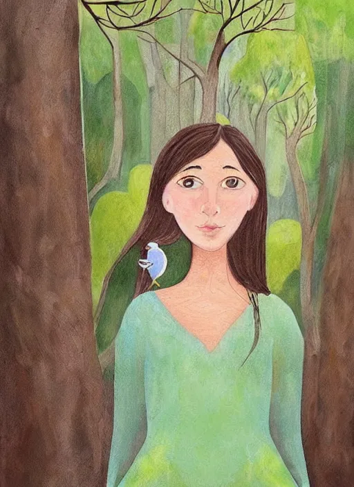 Image similar to a wonderful childrens illustration portrait painting of a woman in a forest with serene emotion, art by tracie grimwood, forest, trees, many leaves, birds, whimsical, aesthetically pleasing and harmonious natural colors