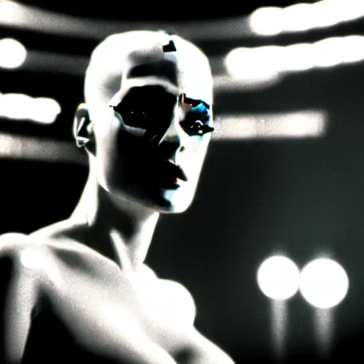 Image similar to cinematic portrait of kristen mcmenamy as bride of frankenstein as a replicant in a busy nightclub, surprised, still from the movie bladerunner, fashion photography, a sign is in the background, 8 k, high detail, face in focus