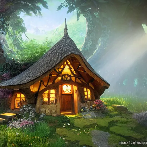 Image similar to a medieval hobbit house made of colorful crystal, ornate, beautiful, atmosphere, vibe, flowers, concept art illustration, color page, 4 k, tone mapping, doll, akihiko yoshida, james jean, andrei riabovitchev, marc simonetti, yoshitaka amano, digital illustration, greg rutowski, volumetric lighting, sunbeams, particles