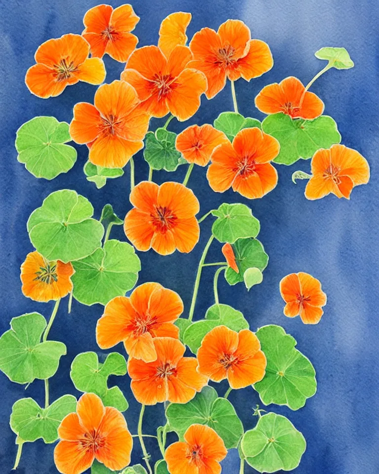 Prompt: award winning watercolour painting of nasturtiums