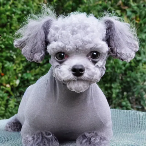 Image similar to grey hairless miniature toy poodle has its hair washed with shampoo by human hands