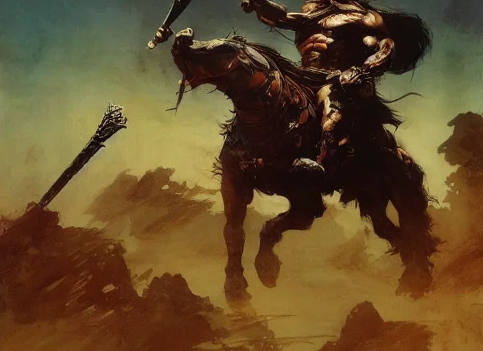 Image similar to conan the barbarian, intricate, elegant, highly detailed, vivid colors, john park, frazetta, sparth, ruan jia, jeffrey catherine jones