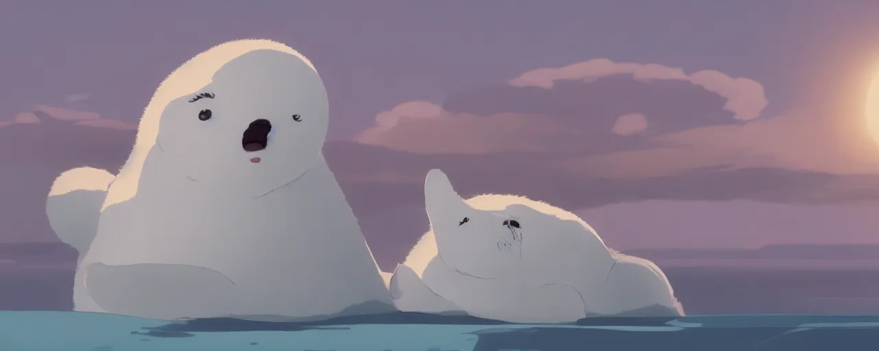 Image similar to baby harp seal on a mega yacht, detailed, atey ghailan, goro fujita, studio ghibli, rim light, exquisite lighting, clear focus, very coherent,