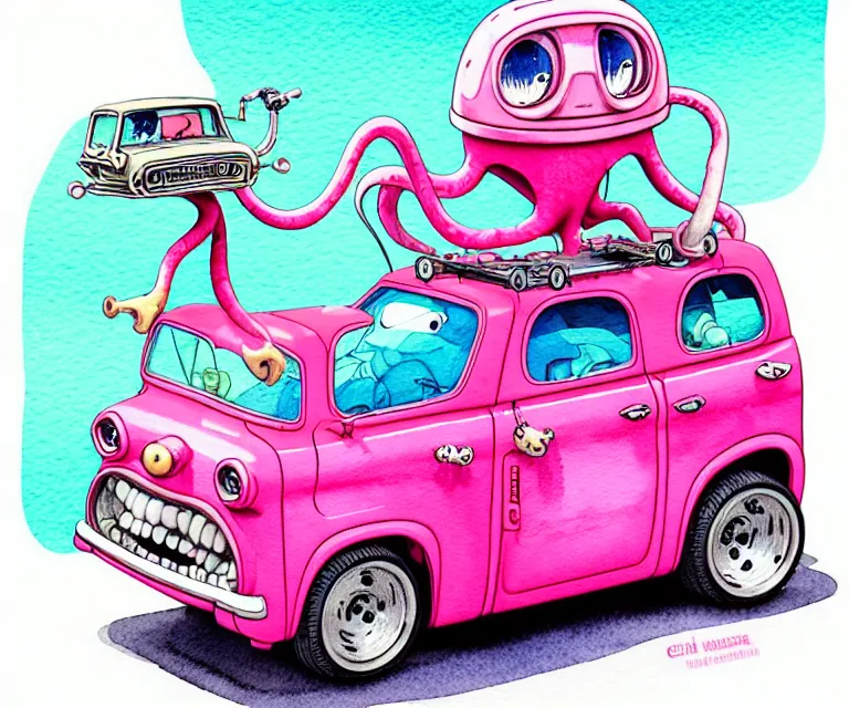 Image similar to cute and funny, pink colored squid wearing goggles riding in a tiny hot rod with oversized engine, ratfink style by ed roth, centered award winning watercolor pen illustration, isometric illustration by chihiro iwasaki, edited by range murata, tiny details by artgerm and watercolor girl, symmetrically isometrically centered