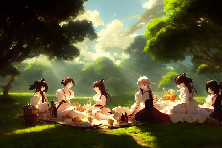 Image similar to baroque oil painting of anime key visual concept art of anime maids having a picnic in rolling green plains, sunrays breaking through clouds, grimdark steampunk high fantasy, trending on artstation, brush strokes, oil on canvas, style of makoto shinkai and greg rutkowski and studio ghibli