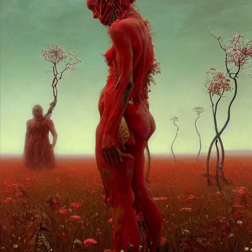 Image similar to A woman wearing clothes made out of thunder clouds and flowers, giant monsters walking in the distance, red skin, Masterpiece, glowing, wires everywhere, by Edgar Maxence and Ross Tran, Zdzisław Beksiński, and Michael Whelan, distant, gustav dore, H.R. Giger, 8k, octane render