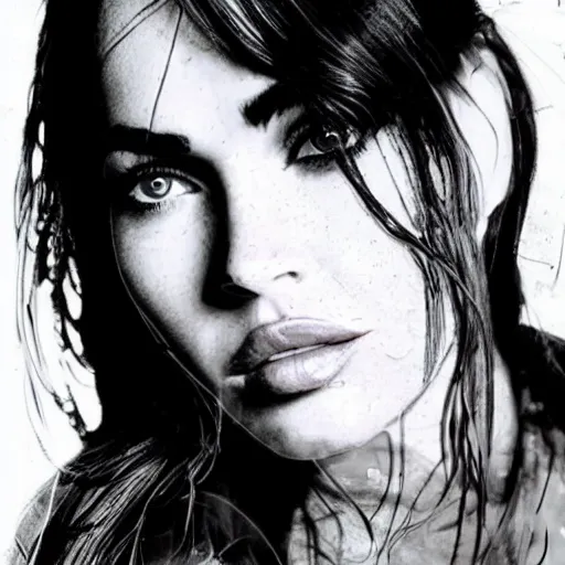 Prompt: megan fox face in beautiful mountains, double - exposure effect, in the style of dan mountford, amazing detail, black and white