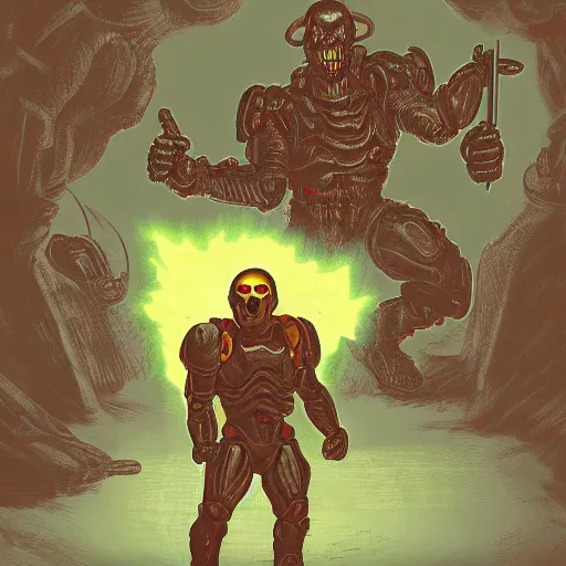 Image similar to doom guy fighting george w bush in hell, digital art