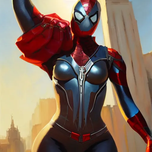 Image similar to greg manchess portrait painting of partially armored female iron spiderman as overwatch character, medium shot, asymmetrical, profile picture, organic painting, sunny day, matte painting, bold shapes, hard edges, street art, trending on artstation, by huang guangjian, gil elvgren, ruan jia, greg rutkowski, gaston bussiere