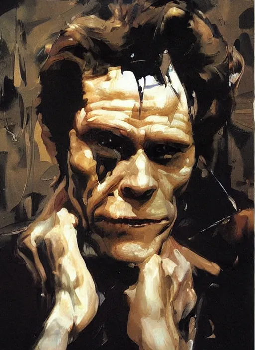 Prompt: willem dafoe, painting by phil hale, fransico goya,'action lines '!!!, graphic style, visible brushstrokes, motion blur, blurry