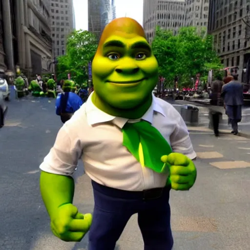 Image similar to shrek in a business suit on wallstreet