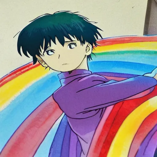 Image similar to guilt as a ghibli studio character, supernatural, sharpness. clean, rainbow colours