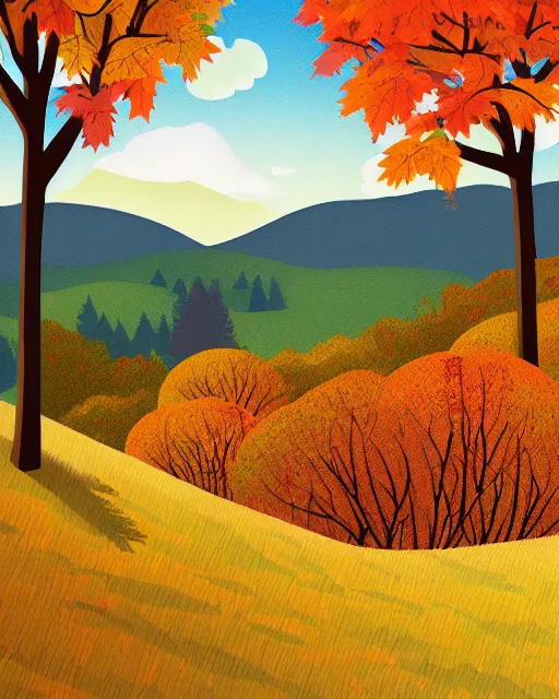 Image similar to autumn hillside boy hiking illustration detailed, matte print