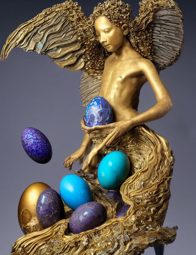 Image similar to a photo of a sculpture of a winged child made from blue and emerald and amethyst crystal geode formations with a marble egg with obsidian base with liquid gold tendrils flowing by ellen jewett by stanisław szukalski, octane render, byzantine, spirals, tendrils, elestial crystals, geode,