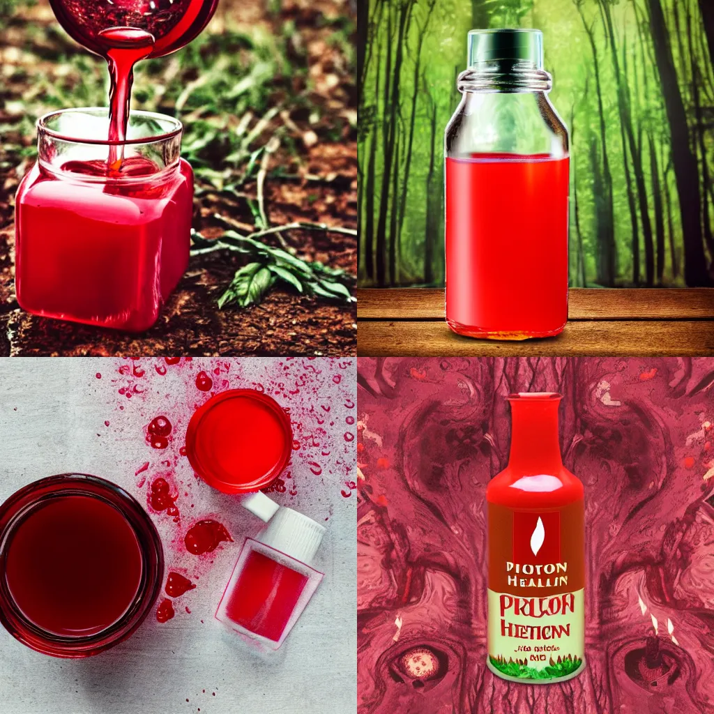 Prompt: Potion of healing, red liquid, forrest background