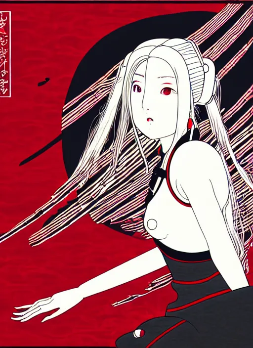 Prompt: Ukiyo-e tapestry of a hopeful pretty astronaut lady with a wavy blonde hair, 4k resolution, nier:automata inspired, bravely default inspired, vibrant but dreary but upflifting red, black and white color scheme!!! ((Space nebula background))