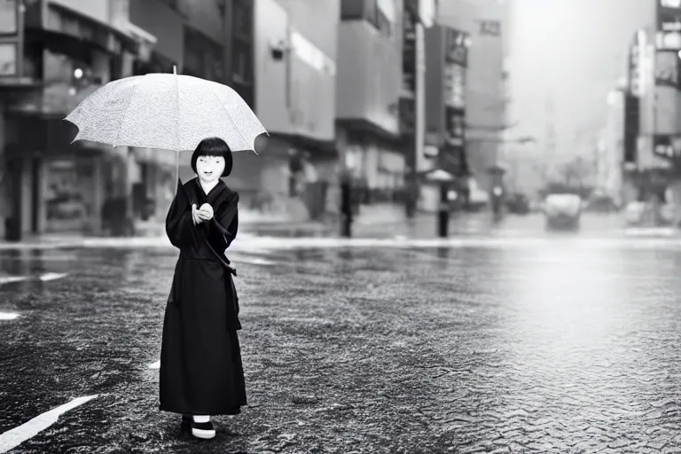 Image similar to still photo of a japanese woman holding an umbrella on the street, heavy rain, black and white color aesthetic, highly detailed, photorealistic portrait, bright studio setting, studio lighting, crisp quality and light reflections, unreal engine 5 quality render