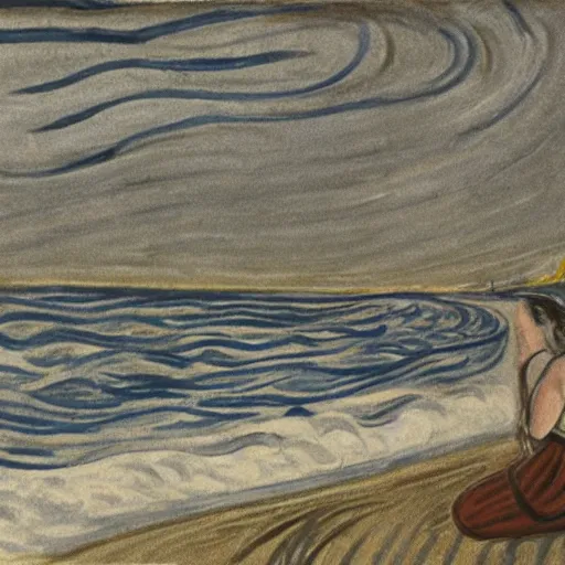 Image similar to the munch scream on a beach during a thunderstorm, comic art