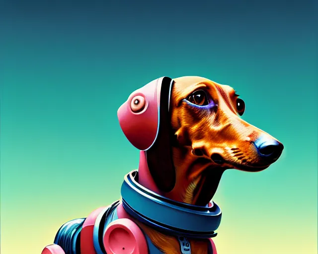 Image similar to portrait of mechanical robotic dachshund, hyper - realistic, gta v cover art, celshading, sharp focus, intricate, detailed, rhads, andreas rocha, makoto shinkai, lois van baarle, ilya kuvshinov, greg rutkowski, dynamic lighting, grunge aesthetic, 4 k