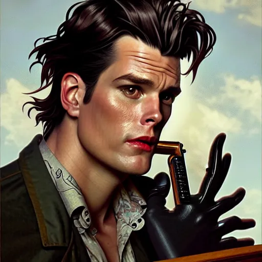 Image similar to full portrait of ace ventura as a noir detective, fantasy, d & d, intricate, detailed, by by alphonse mucha, adolfo hohenstein, alice russell glenny, stanley artgerm lau, greg rutkowski, detailed, trending on artstation, trending on artstation, smooth