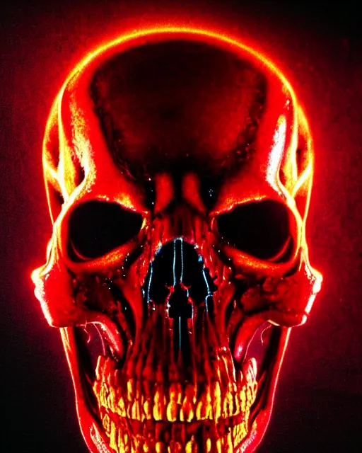 Image similar to red fiery eyes spawn - terminator skull - ghost rider - hybrid, supervillains, intricate artwork, concept art, eyes octane render, deviant art, cinematic, key art, hyperrealism, iridescent accents, portrait photograph, in hell, nikon 3 5 mm, ridley scott, moebius, dan mumford, jim lee