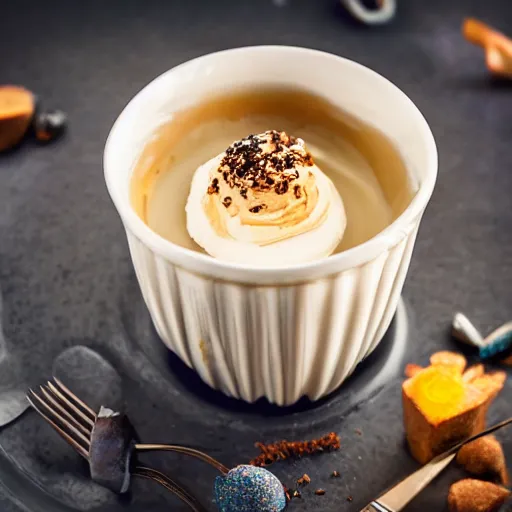 Image similar to extremely delicious looking photo of sweet desert in fancy stylish cup, very expensive top quality product, michelin star, most perfect desert on the world, small manufacture, unique style, 8 k, product photography, professional studio photography