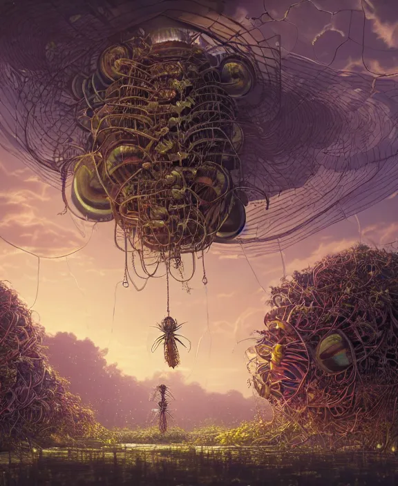 Prompt: a giant weird industrial plant made out of isopod dragonflies, in the style of a strange puffy spaceship, overgrown with disturbing orchids, partly cloudy, somber, dramatic lighting, by dan mumford, yusuke murata, makoto shinkai, ross tran, cinematic, unreal engine, cel shaded, featured on artstation, pixiv