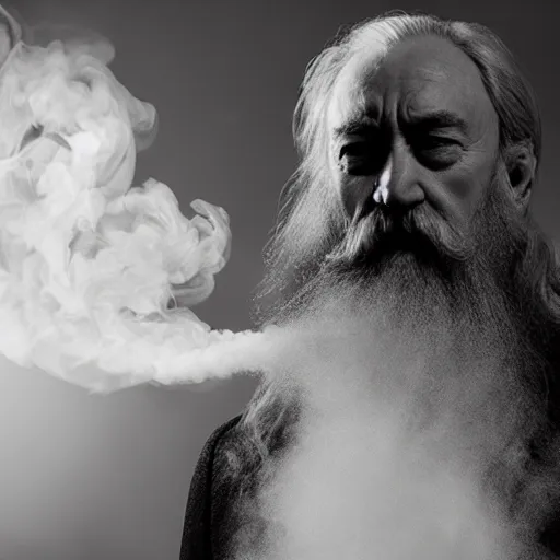 Prompt: a stoned dumbledore exhaling a huge smoke cloud, professional photography, featured on artstation