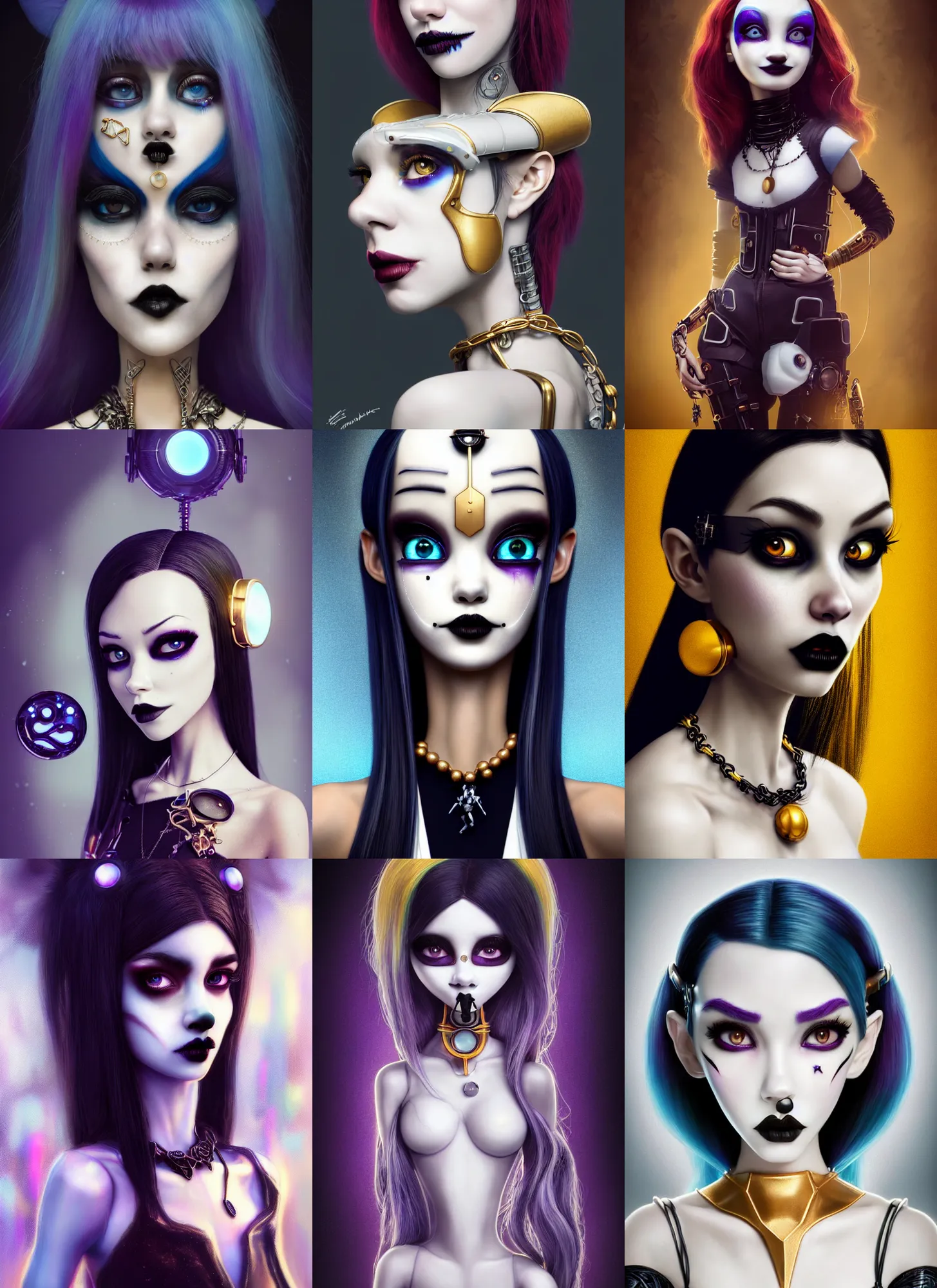 Prompt: pixar portrait 8 k photo, beautiful porcelain white edc clowncore goth emo madison beer cyborg woman, golden ratio jewelry, sci - fi, fantasy, cyberpunk, intricate, elegant, highly detailed, digital painting, ever after high, octane render, artstation, concept art, smooth, sharp focus, illustration, art by artgerm, loish, wlop