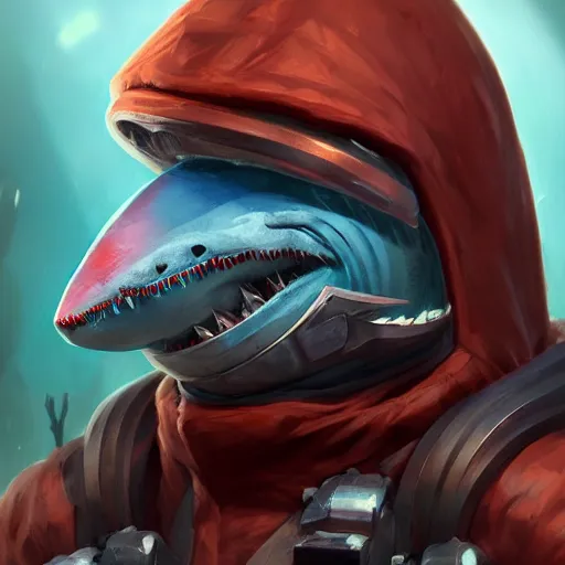 Image similar to Anthropomorphic shark cyberpunk gear shopkeeper, sharp focus, beautiful, concept art, trending on artstation, digital painting, highly detailed