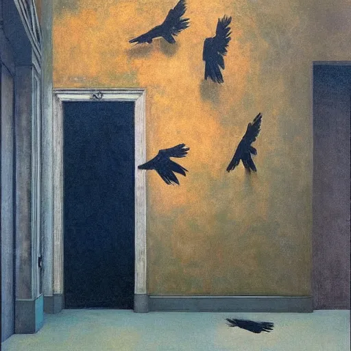 Prompt: battle if crows in a soviet building, hyperrealistic film still by edward hopper, by gottfried helnwein, by klimt, by paolo uccello, art nouveau, highly detailed, strong lights, liminal, eerie, metaphysical, bright pastel colors