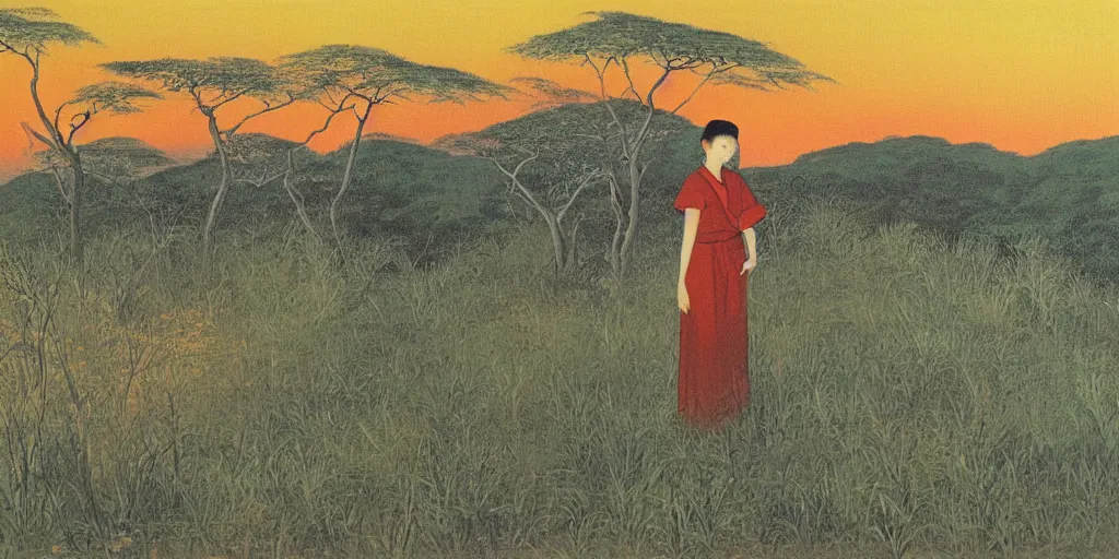 Image similar to painting of a woman in the savannah at golden hour by kitano tsunetomi, 1 9 3 9