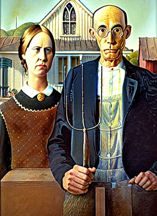 Image similar to a painting by grant wood of an astronaut couple, american gothic style