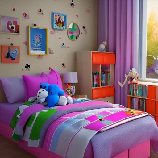 Prompt: eye - level view, in a child's bedroom filled with toys there is a bed under a window with a colorful bedspread. a super cute gsd puppy runs and jumps on the bed and plays with its toys. hilarious, funny, back to school comedy, cg animation, 3 d octane render, imax 7 0 mm,