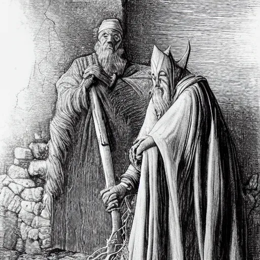 Prompt: the evil ian mckellen smithing on an anvil as gandalf in a dark viking hood playing odin all father crafting the plant of life with vines on an anvil, highly detailed, cinematic shot, cinematic lighting, 8 k, exquisit facial detail, colored painting by gustave dore and artemisia gentileschi, chiaroscuro, dark painting.