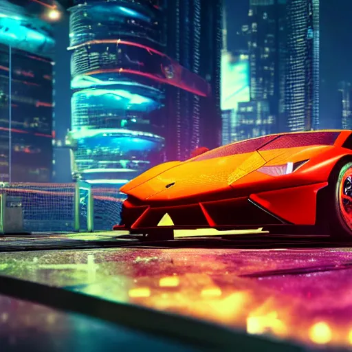 Prompt: a futuristic flying lamborghini in a cyberpunk city at night, hologram ads and neon signs on building rooftops, rainy environment, 8 k, hyper detailed, ultra realistic, sharp focus, featured on artstation