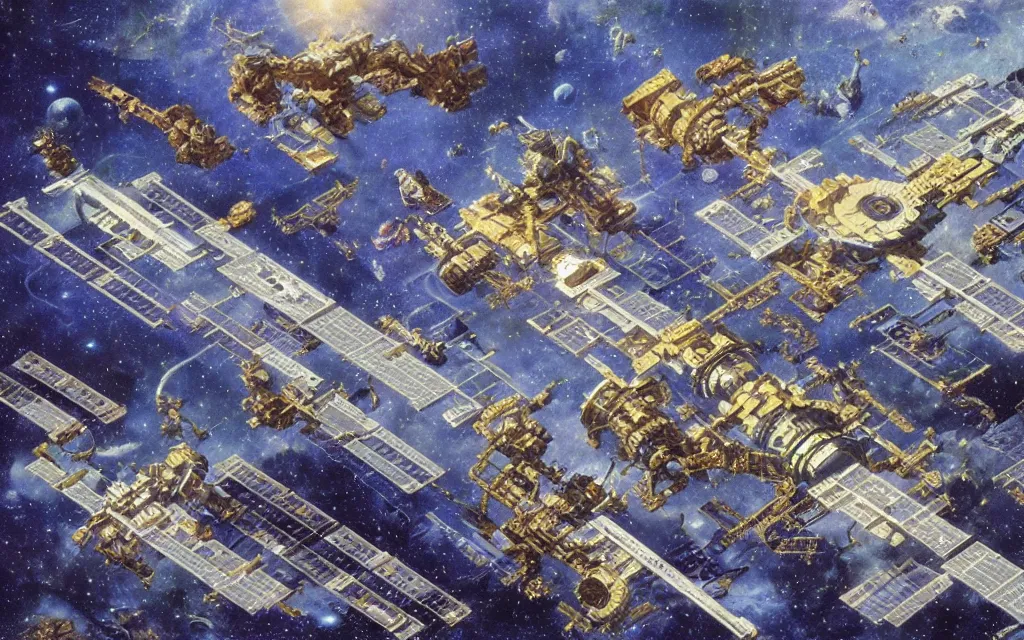 Prompt: complex alien technology in the form of a large space station, with different sections and levels, each with its own purpose by don maitz and paul gauguin, style of global illumination