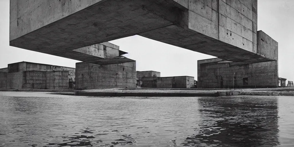 Image similar to a floating upside down brutalism architecture, ilford hp 3, photo from 1 9 5 0, emerged by a river