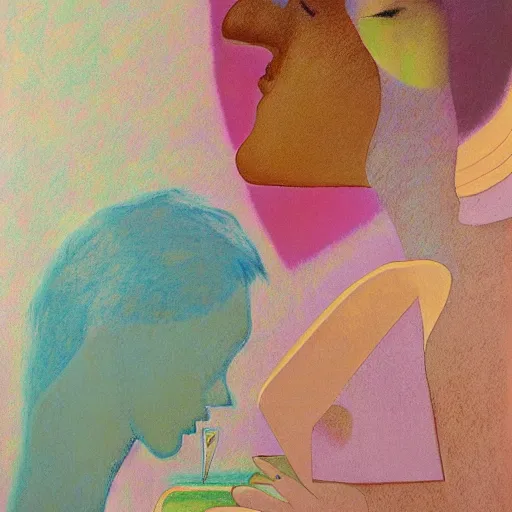 Image similar to abstract figurative art, lovers eat, moebius, dreamy, muted, pastel colors