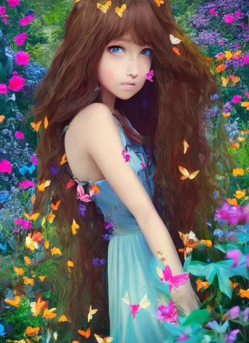 Prompt: portrait of beautiful girl with long turquoise hair, cute big brown eyes, and a blue dress, in a garden full of flowers and Butterflies, realistic anime, backlit, strong rim light, sharp focus, octane render, trending on artstation, 8k