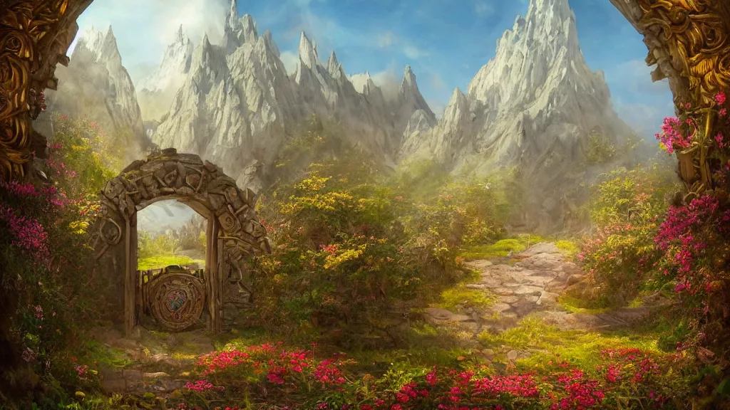 Prompt: A giant medieval fantasy portal gate with a rusty gold carved lion face at the center of it, the portal takes you to another world, full of colorful flowers on the lost Vibes and mountains in the background, spring, delicate fog, sea breeze rises in the air, by andreas rocha and john howe, and Martin Johnson Heade, featured on artstation, featured on behance, golden ratio, ultrawide angle, f32, well composed