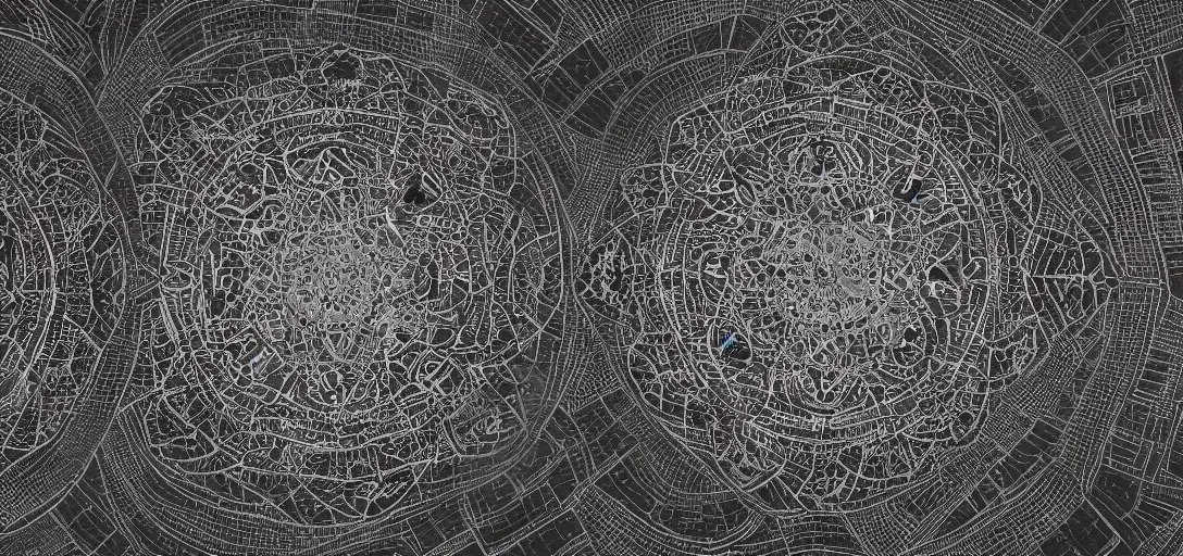 Prompt: high-angle view of a stock of giant steel mandala disk cities floating above a hardlit moonscape, embossed charcoal interior follow a mandala pattern which inversely displays a detailed city at night, wide angle photo, f8 aperture