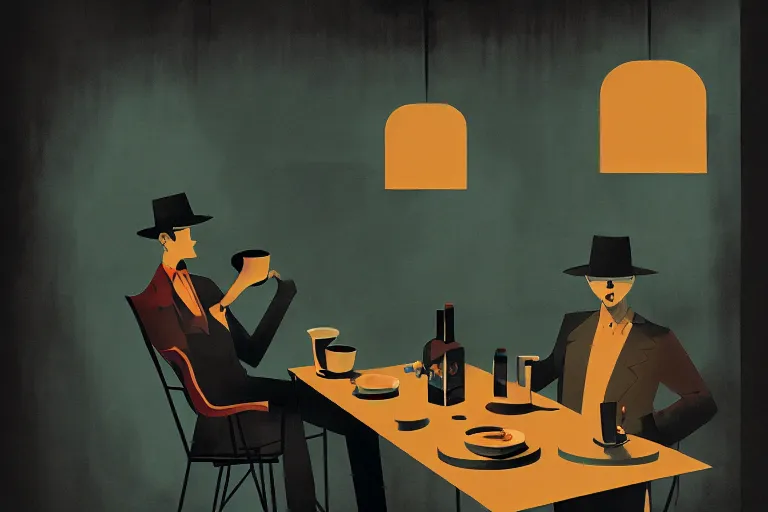 Image similar to editorial illustration by Karolis Strautniekas and Mads Berg and Tsuruta Kenj, drinking coffee, colorful, fine texture,detailed, muted colors,film noir, dramatic lighting, dynamic composition,moody, vivid, matte print