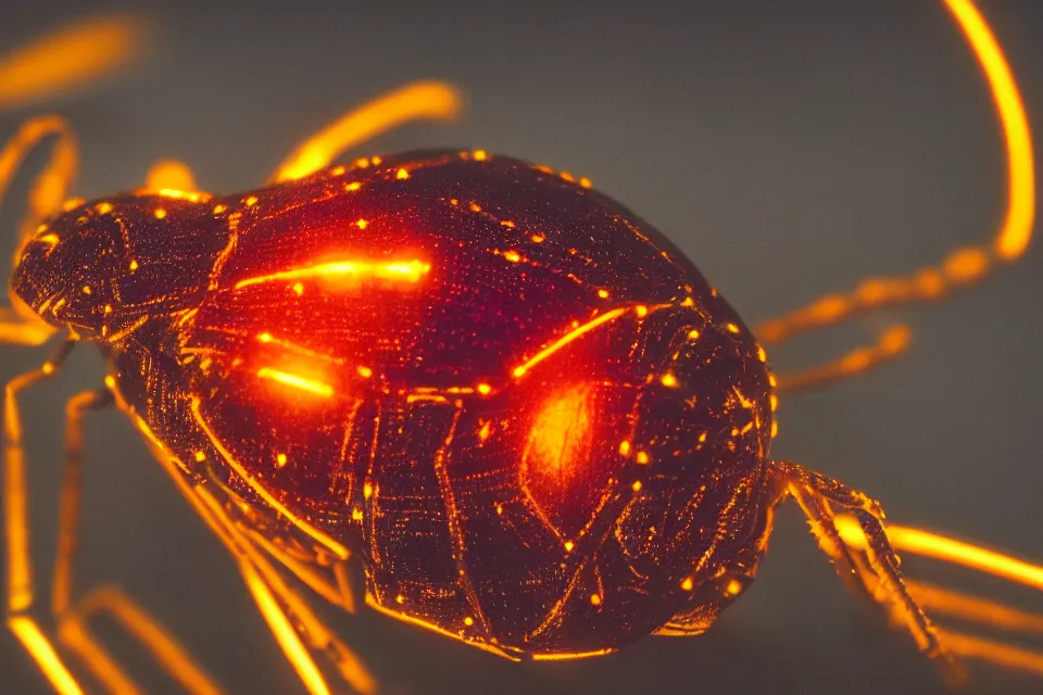 Prompt: close-up of a glowing insect at night, 4k, HD photography