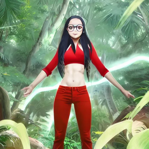 Image similar to real nagatoro using white and red tight raglan sleeves, tight blue jeans and cool shoes in a tropical forest, epic hair glowy fire flames, artstation, 3 d ray tracing, lumen, octane render flawless masterpiece concept art professionally post processed by wlop