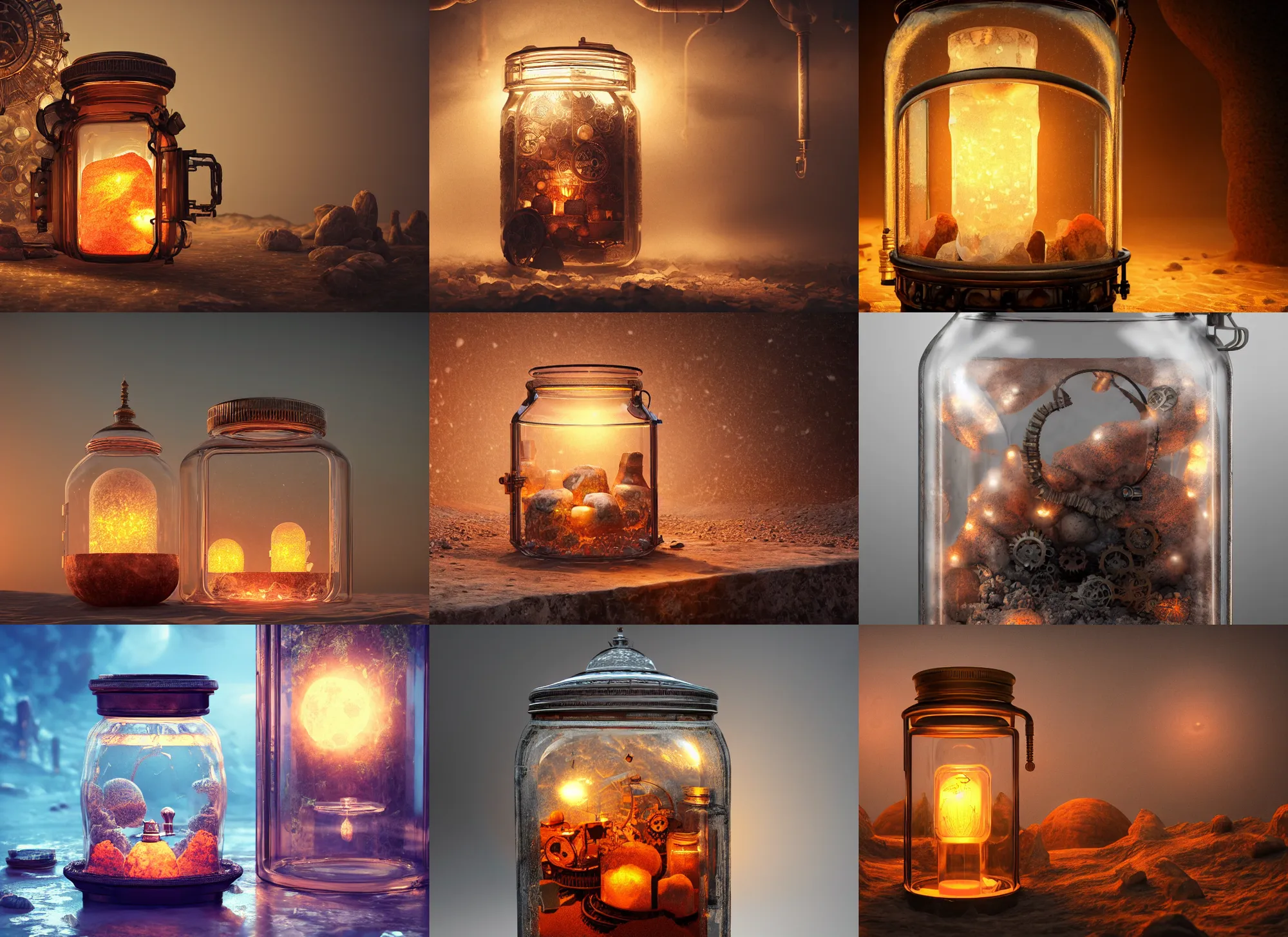 Prompt: steampunk himalayan rocksalt lamp inside a glass jar half - buried in desert, intricate detail, hyper detailed, ultra realistic, sharp focus, octane render, lantern, volumetric, ray tracing, artstation trending, moon, fairy cgsociety, sense of awe, swirling mist, moon, 4 k