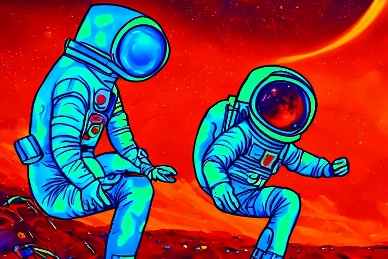 Image similar to an astronaut laying on mars in the style of flooko, acrylic art, detailed, moonlight, red lighting, bokeh, synthwave, psychedelic, glitch, neon,