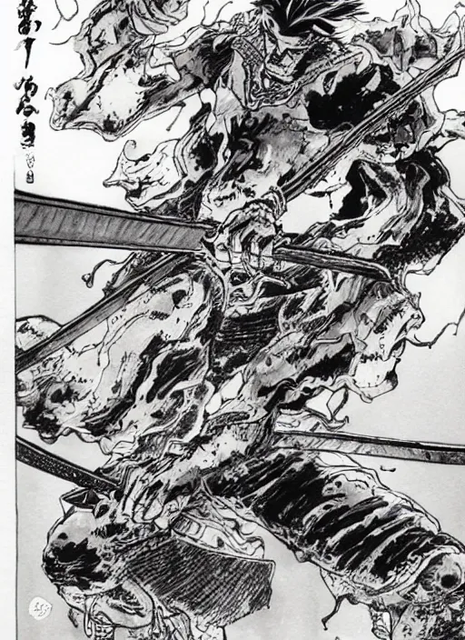 Image similar to a monstrous fungus samurai swinging a large nodachi, by takehiko inoue, masterpiece ink illustration