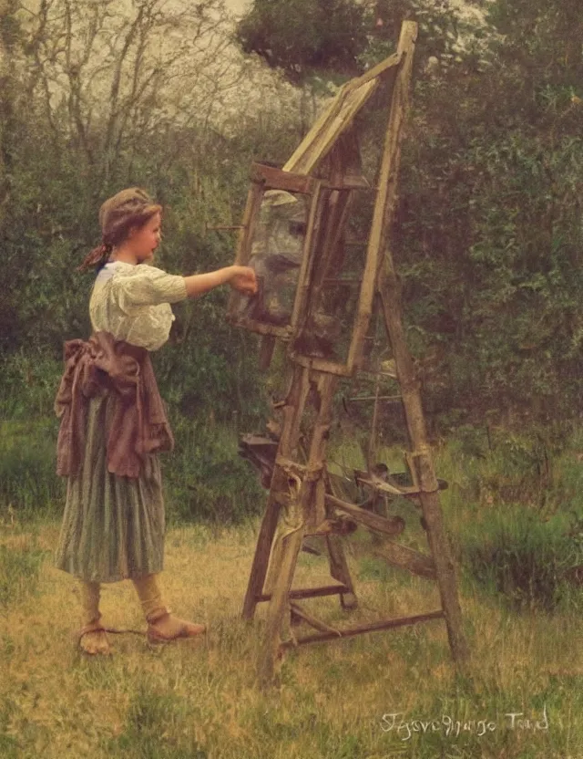 Image similar to peasant girl drawing a landscape on a canvans on an easel, cottage core, cinematic focus, polaroid photo bleached vintage pastel colors high - key lighting, soft lights, foggy, by steve hanks, by lisa yuskavage, by serov valentin, by tarkovsky, detailed, oil on canvas